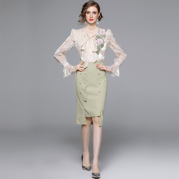 Shirt + Green Fanny Pack Hip Skirt Two-Piece Suit