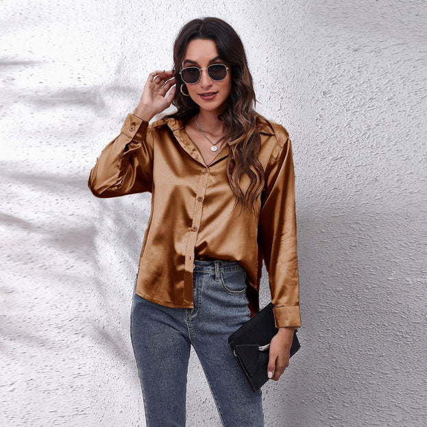 Satin Women's Satin Imitation Silk Long-Sleeved Shirt