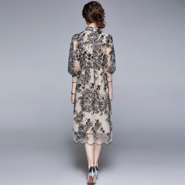 Summer Women's Seven-Point Sleeve Mid-Length Gauze Embroidered Dress
