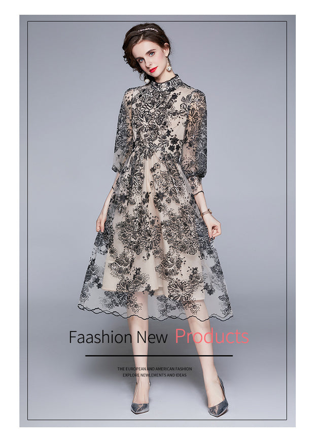 Summer Women's Seven-Point Sleeve Mid-Length Gauze Embroidered Dress