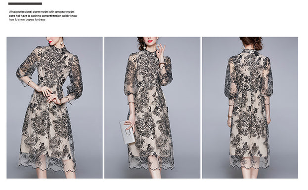 Summer Women's Seven-Point Sleeve Mid-Length Gauze Embroidered Dress