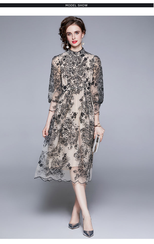 Summer Women's Seven-Point Sleeve Mid-Length Gauze Embroidered Dress