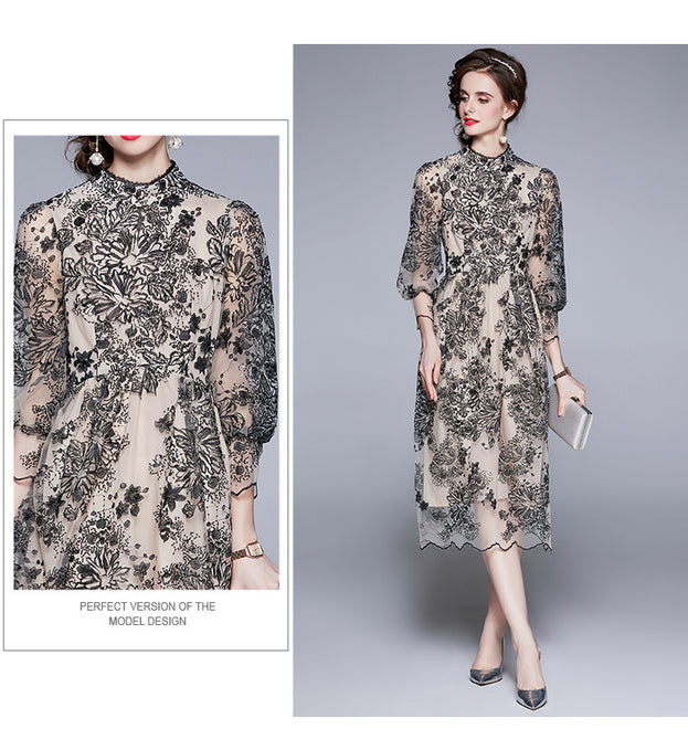 Summer Women's Seven-Point Sleeve Mid-Length Gauze Embroidered Dress