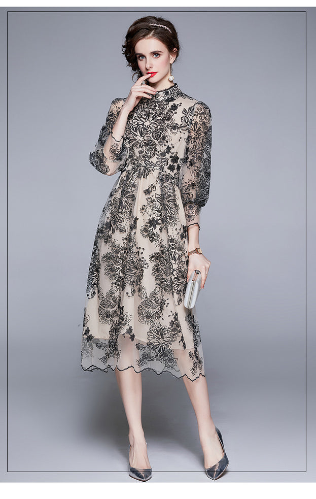 Summer Women's Seven-Point Sleeve Mid-Length Gauze Embroidered Dress