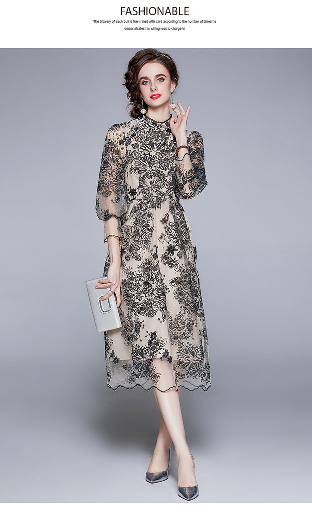 Summer Women's Seven-Point Sleeve Mid-Length Gauze Embroidered Dress
