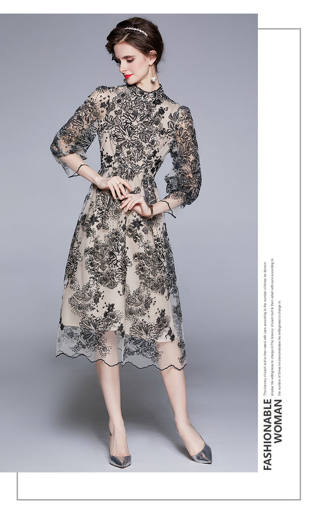 Summer Women's Seven-Point Sleeve Mid-Length Gauze Embroidered Dress