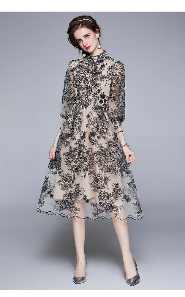 Summer Women's Seven-Point Sleeve Mid-Length Gauze Embroidered Dress