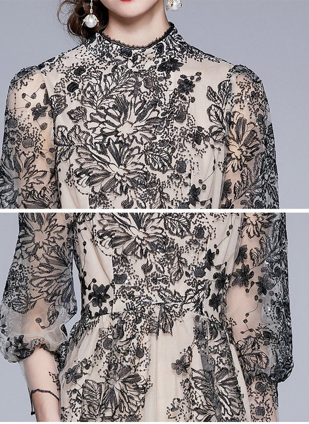 Summer Women's Seven-Point Sleeve Mid-Length Gauze Embroidered Dress