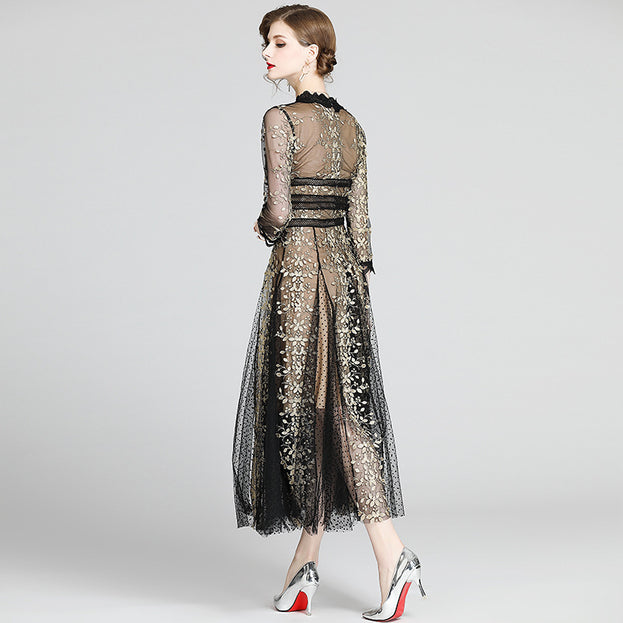 Slimming V-Neck Nine-Point Sleeved Long Skirt Dress