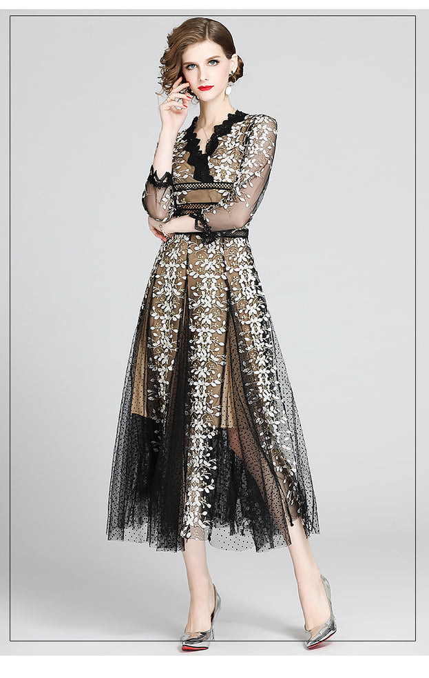 Slimming V-Neck Nine-Point Sleeved Long Skirt Dress