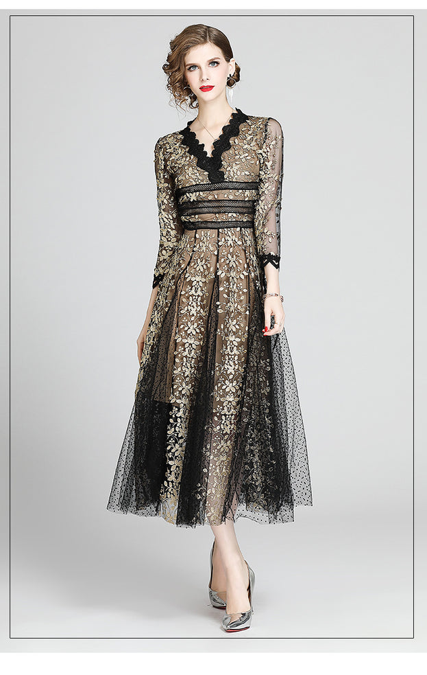 Slimming V-Neck Nine-Point Sleeved Long Skirt Dress
