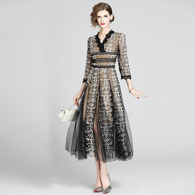 Slimming V-Neck Nine-Point Sleeved Long Skirt Dress