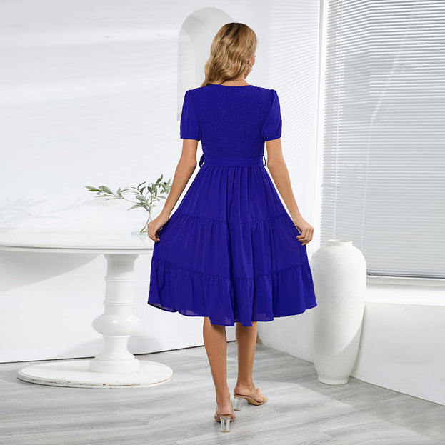 Summer Short Sleeved Slim Large Swing Splicing Cake Dress