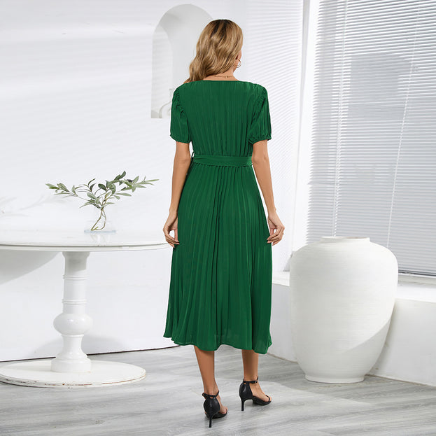 Summer's New V-Neck Pleated Skirt Slim Temperament Long Dress