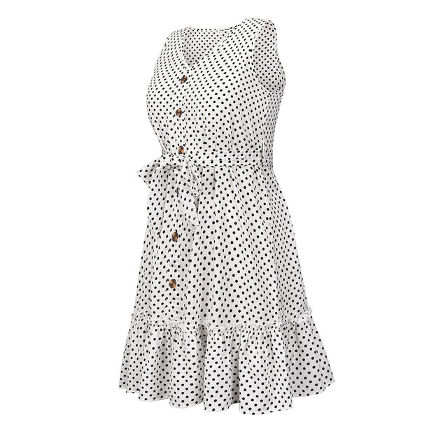 Polka Dot Waist Slimming Sleeveless Vest Dress V-Neck Temperament Button Short Skirt