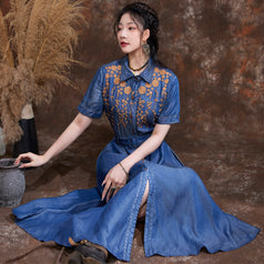 Waist Shrink Slimming Dress 2023 Spring and Summer New Vintage Embroidered Lapel Temperament Denim Long Skirt