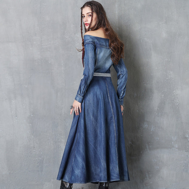 One-Line Neck Temperament Slim Belt Denim Long skirt 2023 Ancient Embroidery Long-Sleeved Autumn Dress
