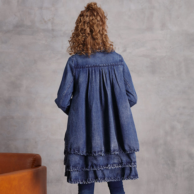 New Stand-Up Collar Denim Trench Coat Women's Vintage Embroidery Loose Mid-Length Coat