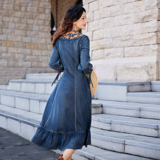 New Fishtail Denim Skirt Embroidery Ethnic Style Handmade Coil Button Dress