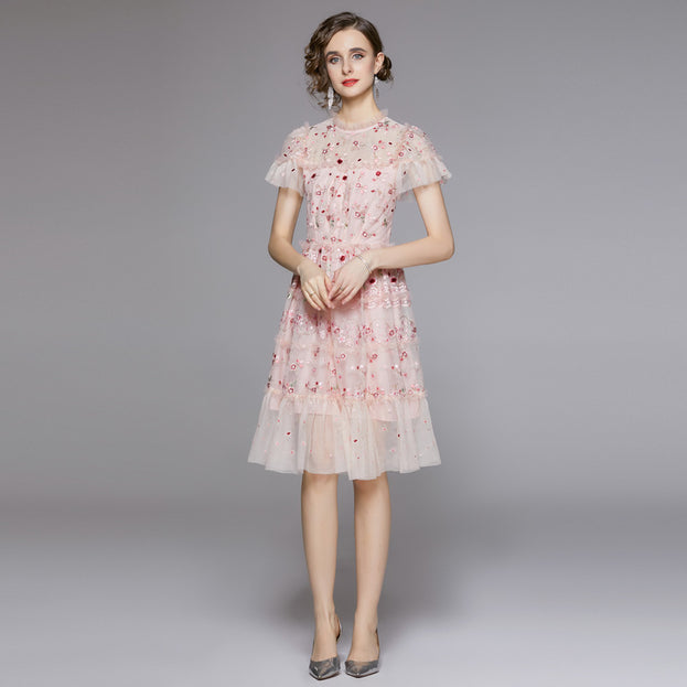 Heavy Sequin Mesh Embroidery Floral Tucked Waist Shaggy Short Princess Dress