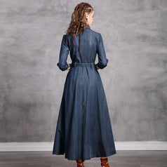 Lapel Temperament Slim Embroidered Denim Maxi Dress 2022 Vintage Mid-Sleeve New Slimming Dress