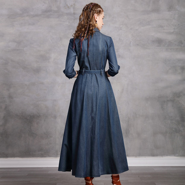 Lapel Temperament Slim Embroidered Denim Maxi Dress 2022 Vintage Mid-Sleeve New Slimming Dress