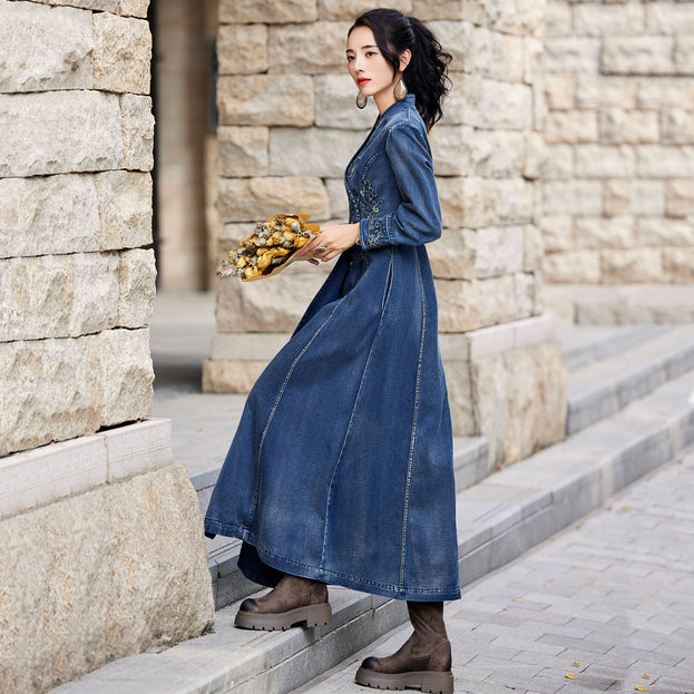 New Denim Maxi Embroidered Long-Sleeved Dress100% Cotton