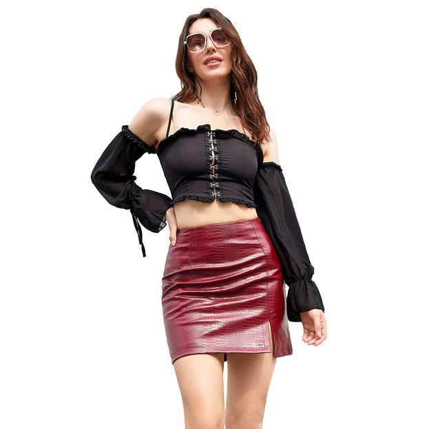 Crocodile PU Short Sskirt European Size Slit Half Skirt Slim Stretch Leather Skirt