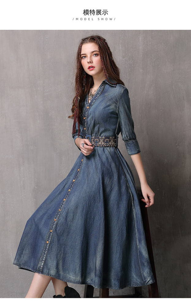 New Vintage Belt Embroidered Slimming Dress Irregular Draw Pleated Lapel Denim Skirt