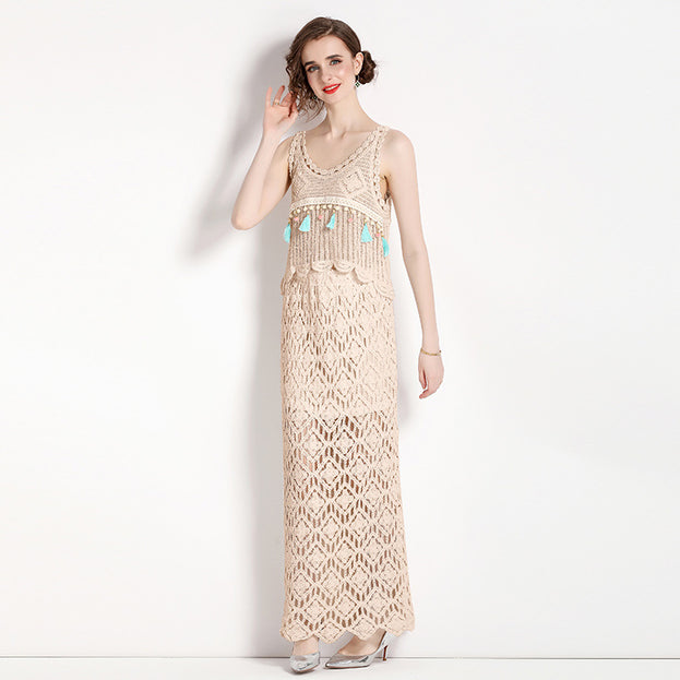 Summer Suspender short style hook flower vest + mid-length skirt two-piece suit