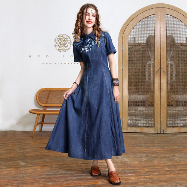 Slimming Embroidered Denim Long Skirt Retro Design Sense Improved Cheongsam Dress