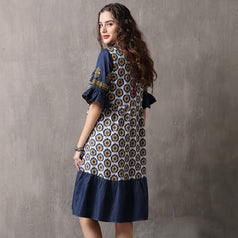Summer Clothes New Splicing Large Size Mid-Skirt Vintage Printed Dress