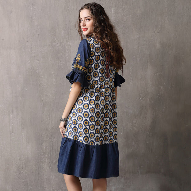 Summer Clothes New Splicing Large Size Mid-Skirt Vintage Printed Dress