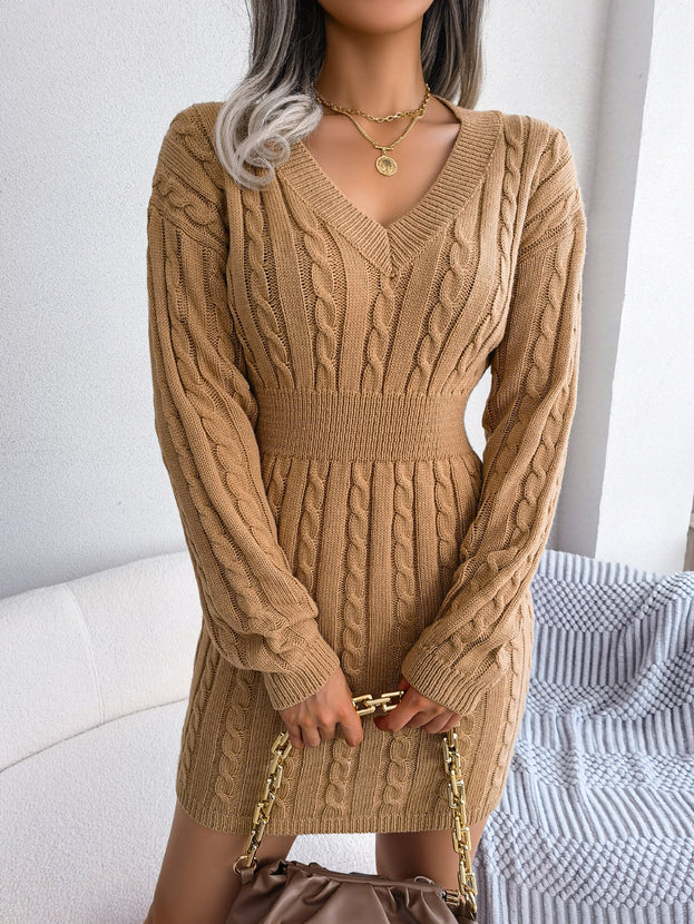 V-Neck Long Sleeve Stretch Waist Sweater Skirt