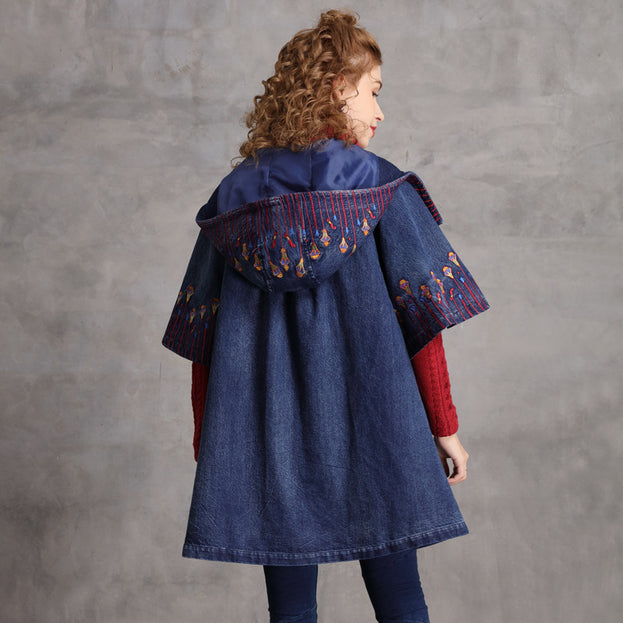 Embroidered Hooded Denim Coat Vintage Loose in a Stylish Doodle