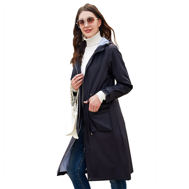 Long Casual Windbreaker Hooded Solid Color Top Striped Lining Straight Coat