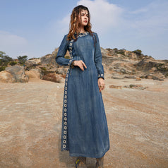 New Vintage Crewneck Denim Skirt Cheongsam Style Dress