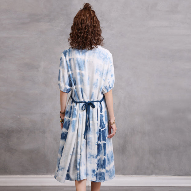 Loose Large Size Women's 2023 Summer New Braided Rope Tie-Dye MIDI Dress Elegant Cotton Hemp Dress