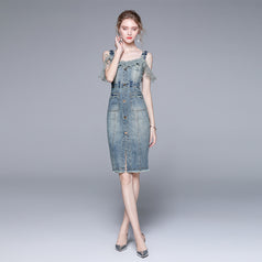 French Patchwork Suspender Denim Dress