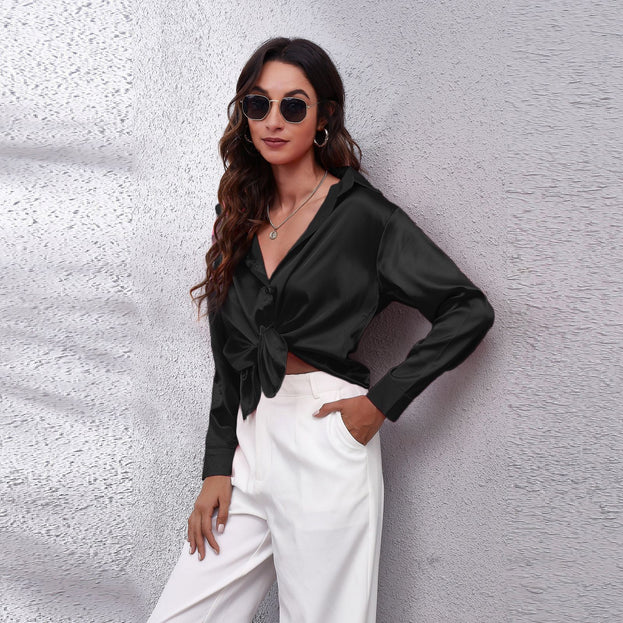 Satin Women's Satin Imitation Silk Long-Sleeved Shirt