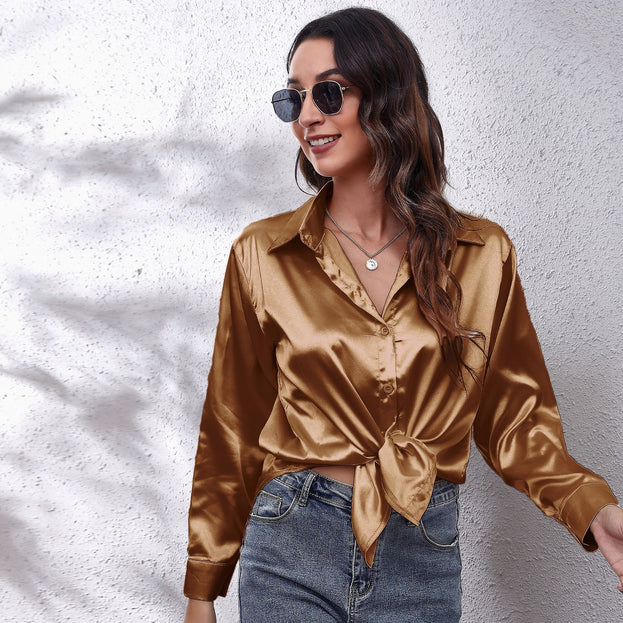 Satin Women's Satin Imitation Silk Long-Sleeved Shirt