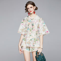 New Hollowed Out Embroidered Printed Top Shorts Loose Temperament Floral Two-Piece Set