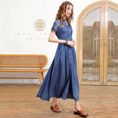V-Neck Temperament Slimming Cardigan Dress 2023 Summer New Vintage Heavy Industry Embroidered Denim Long Skirt