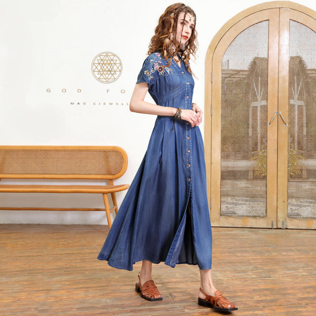 V-Neck Temperament Slimming Cardigan Dress 2023 Summer New Vintage Heavy Industry Embroidered Denim Long Skirt