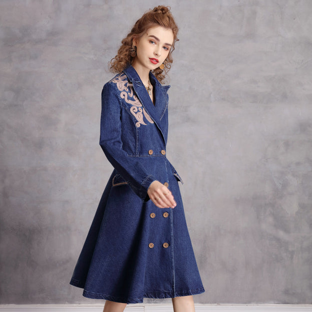 Vintage Embroidered Suit Collar Mid-Length Trench Coat