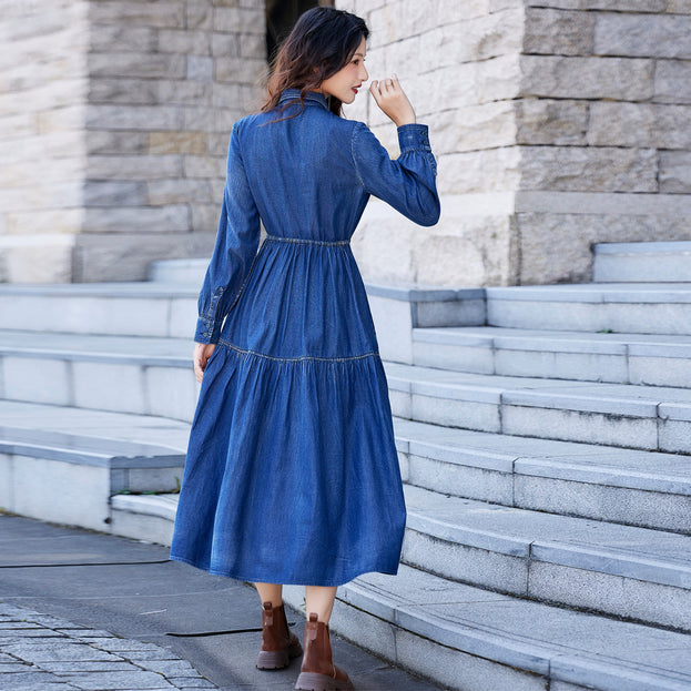 New Vintage Button Drawstring Waist Slimming Dress Heavy Industry Embroidery Denim Skirt