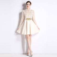 New Temperament Slimming Embroidery Heavy Industry Lace Long-Sleeved Beaded Dress