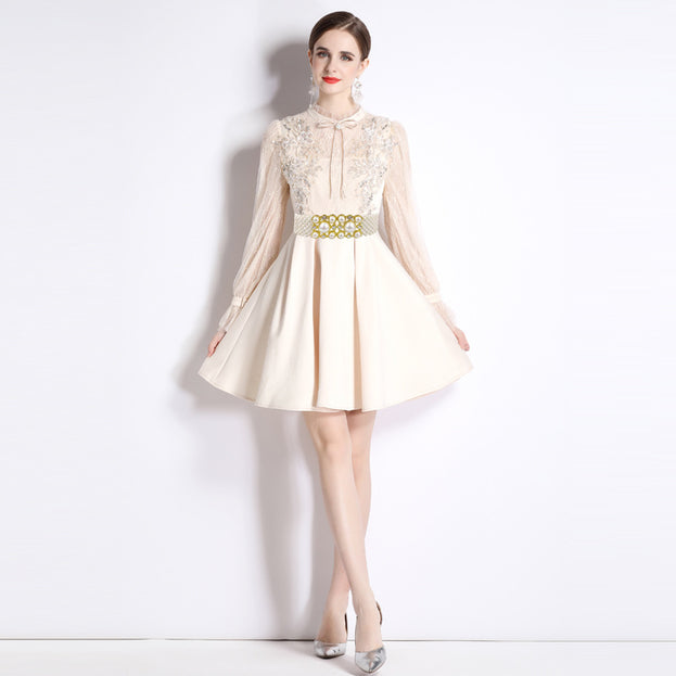 New Temperament Slimming Embroidery Heavy Industry Lace Long-Sleeved Beaded Dress