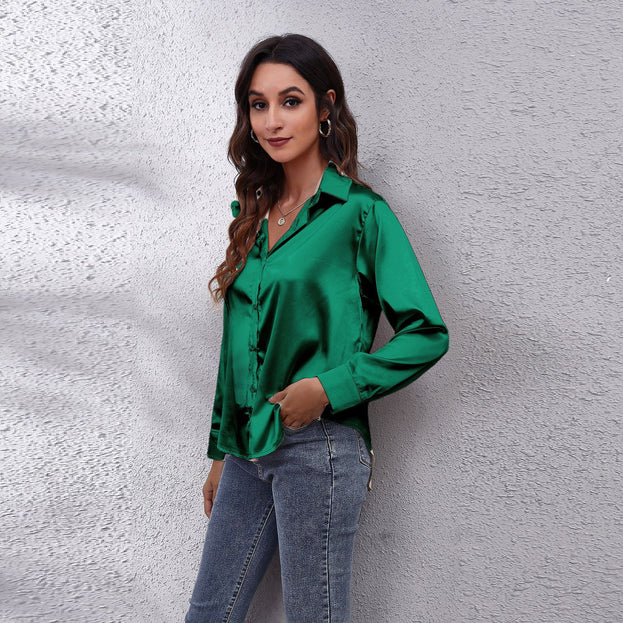 Satin Women's Satin Imitation Silk Long-Sleeved Shirt
