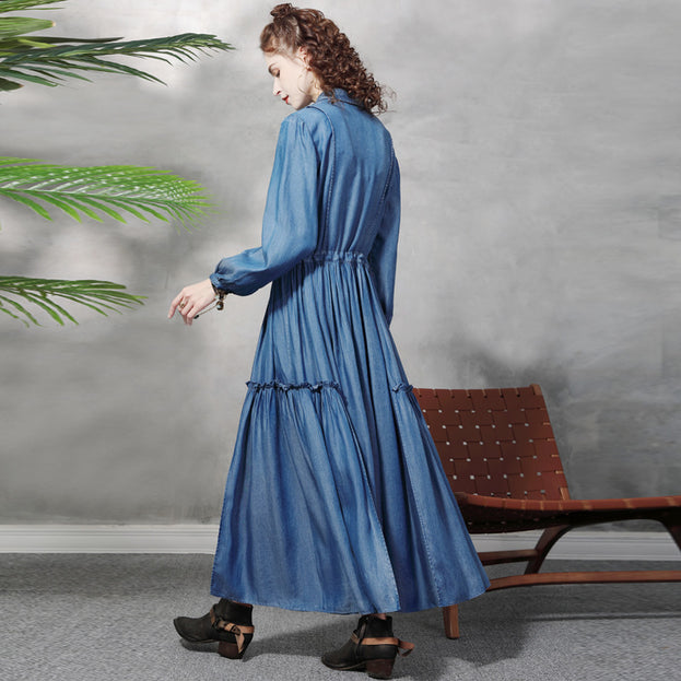Long Sleeve Big Swing Embroidered Denim Dress